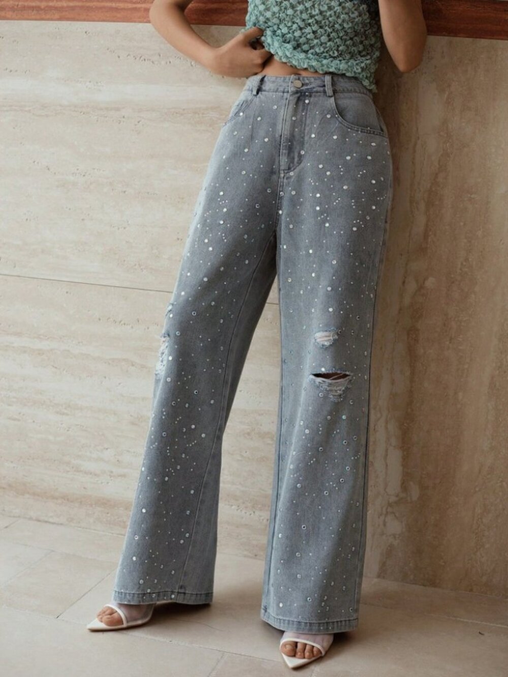 Silver Rhinestone Ripped Wide Leg Jeans